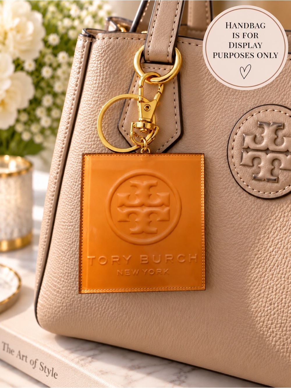 Handcrafted Tory Burch Style Bag Charm Keychain | Caramel & Gold Tone - Picture 2 of 3